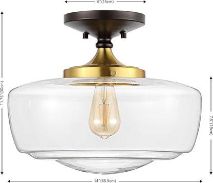 JONATHAN Y 14" Oil Rubbed Bronze/Brass Gold Modern Farmhouse LED Flush Mount Light Fixture, Clear Glass Shade, Rustic Industrial Schoolhouse Lamp for Kitchen Hallway Bedroom (JYL7517E)
