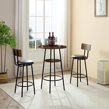 3 Piece High Top Table Set Kitchen Bar Round Table and Bar stools Set for 2, Island Dining Cocktail Table and Tall barstools,Counter Height Pub bistro Table, Industrial, Rustic Brown (3PCS)