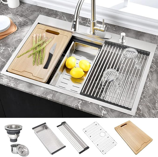 30 Inch Kitchen Sink Drop In-Hovheir 30x22 Stainless Sink Kitchen Sinks Drop In Top Mount Workstation 16 Gauge Stainless Steel Single Bowl Deep Sinks with Cutting Board