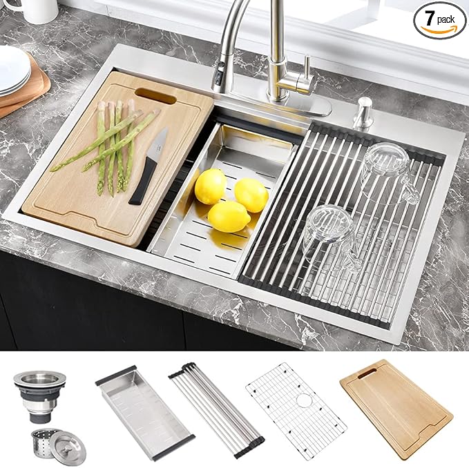 33 Inch Kitchen Sink Drop In Workstation-Hovheir 33x22 Stainless Steel Drop In Top Mount Kitchen Sinks 16 Gauge Single Bowl Deep Stainless Sink Overmount Sinks with Cutting Board