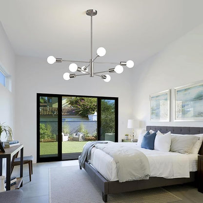 RUIYEY Modern Sputnik Chandeliers Light, 8 Lights Brushed Nickel Dining Room Chandelier Over Table, E26 Mid Century Ceiling Light Fixtures Height Adjustable Hanging Pendant Lighting for Entryway Foyer