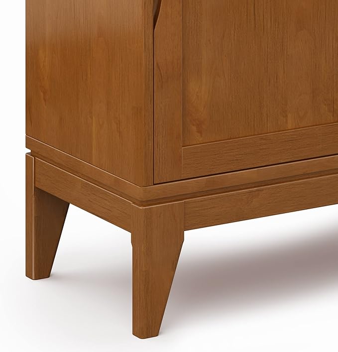 SIMPLIHOME Harper Storage Cabinet - 30 inch Wide Solid Hardwood 2-Shelf Low Console Cabinet in Teak Brown, Mid-Century Modern Cupboard for Living Room with Sliding Doors and Adjustable Shelves