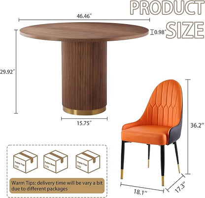 Round Dining Table Set for 6, 46.46" Modern Farmhouse Dining Table and 4 Leather Dining Chair, Circle Kitchen Tables with Wood & Gold Stainless Steel Base for Living Room, Kitchen, Brown