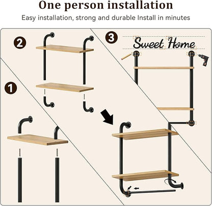 Tinpin Bathroom Shelves Wall Mounted, Rustic Farmhouse Pipe Shelves, 2-Tier, Industrial Shelving Over Toilet, Floating Shelf Decor for Bathroom, Kitchen, Bedroom, Living Room 17.3 inch