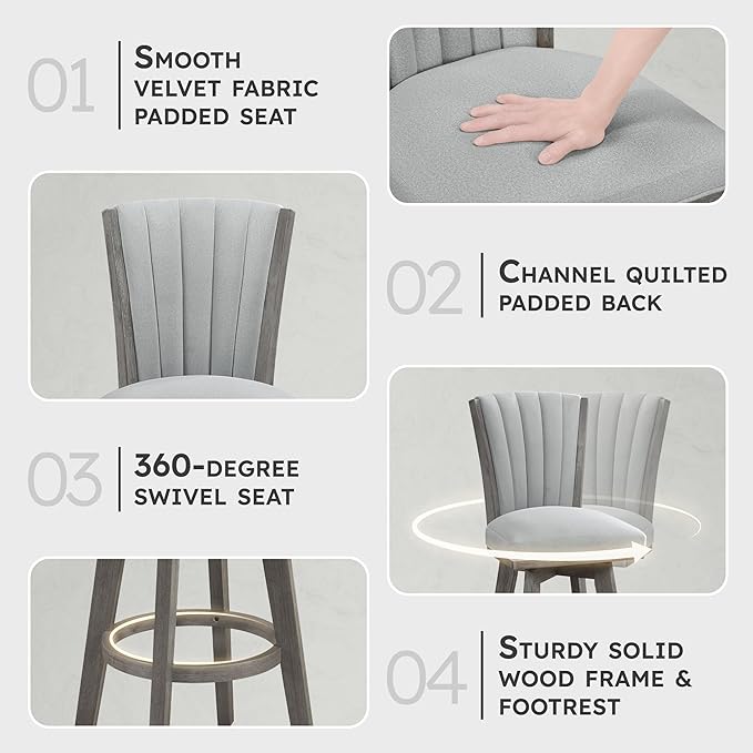 Lexicon Swivel Bar Stools Set of 2, Wood Frame Bar Height Stools with Footrest and Back, for Kitchen Island, Dining Room, 30.5" SH, Grey Finish and Thick Grey Velvet Cushion Seat