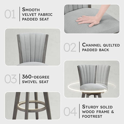 Lexicon Swivel Bar Stools Set of 2, Wood Frame Bar Height Stools with Footrest and Back, for Kitchen Island, Dining Room, 30.5" SH, Grey Finish and Thick Grey Velvet Cushion Seat