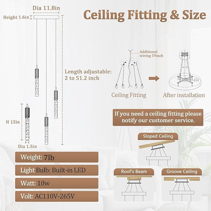 Flashing God 3 Light Mini Chandelier Black Modern Crystal LED Pendant Light for Kitchen Island Adjustable Hanging Light Fixture for Dinning Room Bedroom Dimmable 2700K 4500K 6000K
