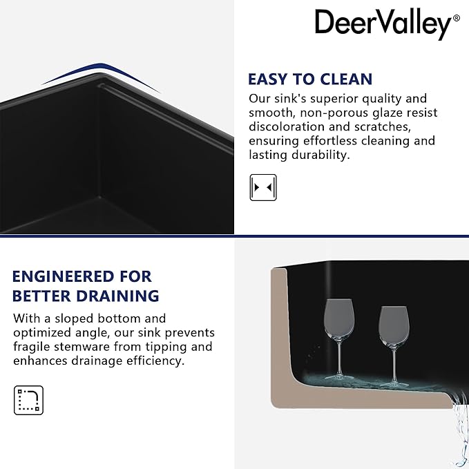 DeerValley 33 inch Workstation Kitchen Sink, Black Fireclay Farmhouse Sink, Double Bowl Apron Front Deep Drop-in Undermount Sink with Workstation Accessories