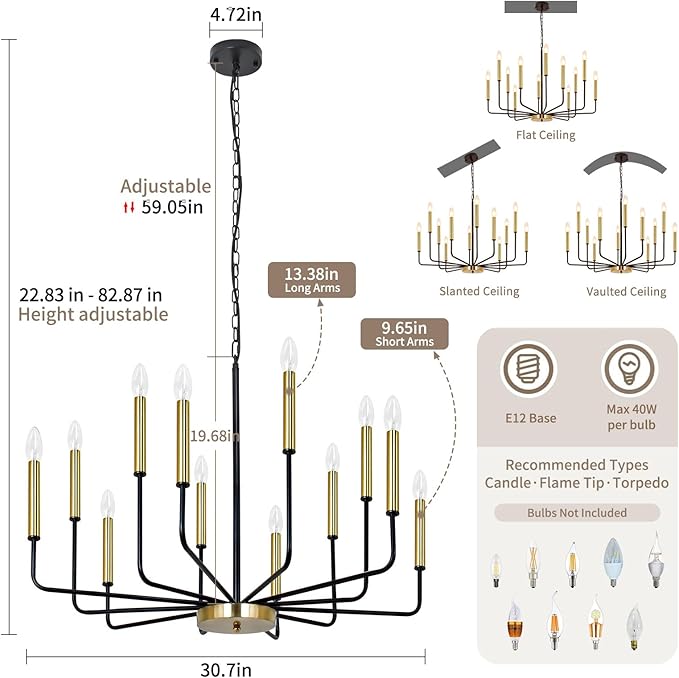 Black and Gold Chandelier for Dining Room, 12-Light Farmhouse Dining Room Light Fixture, Candle Chandelier Light Fixtures, Modern Chandeliers for Living Room Kitchen Foyer Staircase