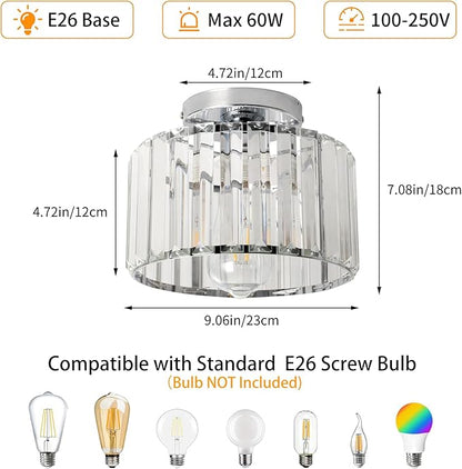 9 Inch Chrome Crystal Ceiling Light Fixture - Modern Semi-Flush Mount Chandelier with Premium Crystals for Entryway, Dining Room, Bedroom, Kitchen