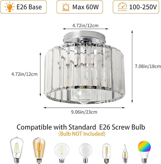 9 Inch Chrome Crystal Ceiling Light Fixture - Modern Semi-Flush Mount Chandelier with Premium Crystals for Entryway, Dining Room, Bedroom, Kitchen
