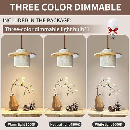 Japanese Wabi sabi Pendant Light with Natural Stone Shade, Dimmable Modern Wood Hanging Lamp Fixture, Adjustable Height Pendant Lamp for Bedroom, Kitchen Island, Dining Room, Restaurant, Cafe, Bar (B)