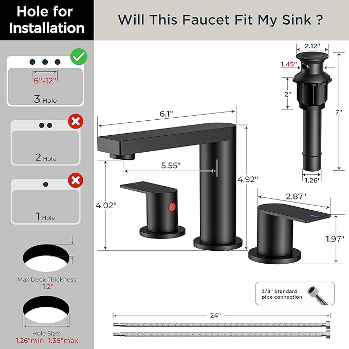 FORIOUS Matte Black Bathroom Faucets 3 Hole, 8 Inch Widespread Bathroom Sink Faucet with Pop-up Drain and Cupc Supply Lines, 2-Handle for Vanity, Hotel Restroom