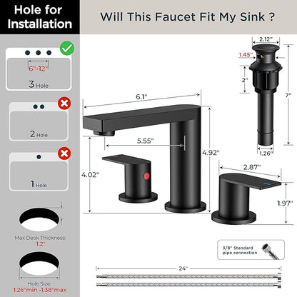 FORIOUS Matte Black Bathroom Faucets 3 Hole, 8 Inch Widespread Bathroom Sink Faucet with Pop-up Drain and Cupc Supply Lines, 2-Handle for Vanity, Hotel Restroom