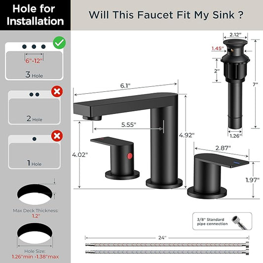 FORIOUS Matte Black Bathroom Faucets 3 Hole, 8 Inch Widespread Bathroom Sink Faucet with Pop-up Drain and Cupc Supply Lines, 2-Handle for Vanity, Hotel Restroom