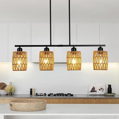 Rattan Kitchen Island Lighting,Boho Coastal Chandelier,4-Light Rustic Pendant Light for Dining Room,Height Adjustable,Black Farmhouse Woven Hanging Lights Fixture Over Table.
