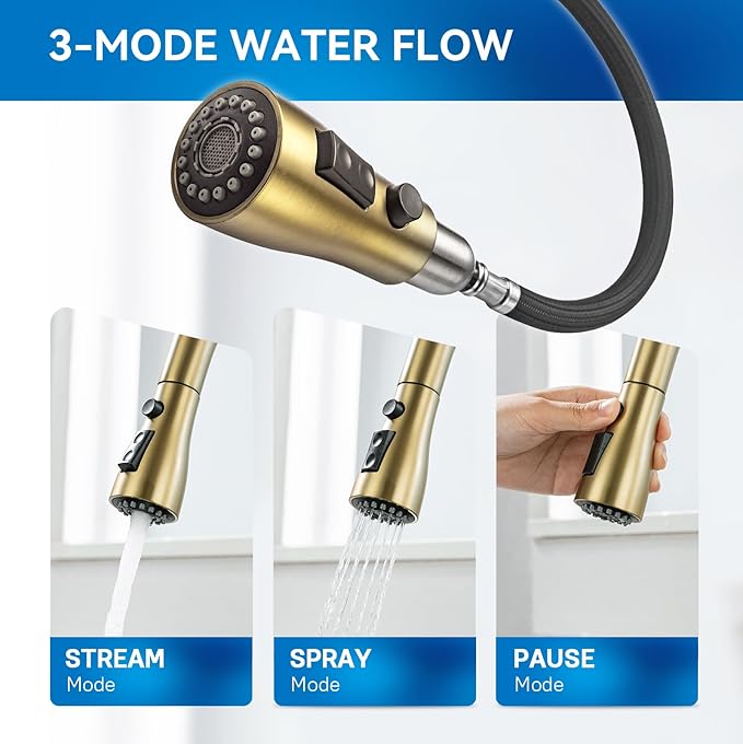 Gold Kitchen Faucet with Sprayer,Single Handle Kitchen Sink Faucet with Pull Out Sprayer, Champagne Bronze, Arofa Brushed Gold Brass Faucets for RV/Outdoor/Bathroom Sink