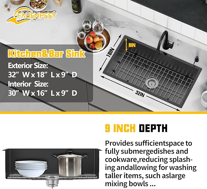 Black 32x18 Inch Undermount Kitchen Sink-Stainless Steel Single Bowl Drop In Kitchen Sink Stylish And Modern Look With Bottom Grid,Silicon Mat And Drain Assembly Add Elegance & Enhance Usability