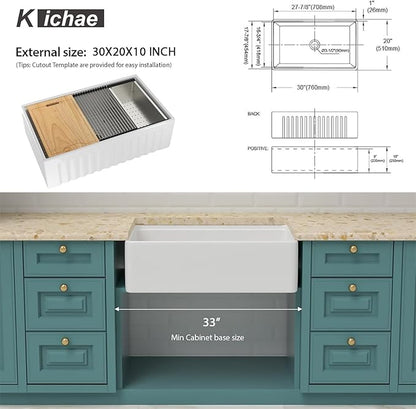 White Farmhouse Sink Fireclay Workstation Apron Front Farmer Kitchen Sink Reversible 30"x20" Undermount Single Bowl Kitchen Sink with Accessories