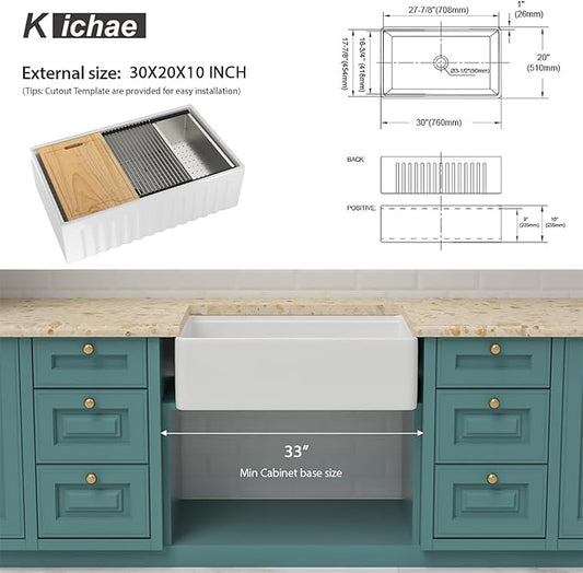 White Farmhouse Sink Fireclay Workstation Apron Front Farmer Kitchen Sink Reversible 30"x20" Undermount Single Bowl Kitchen Sink with Accessories