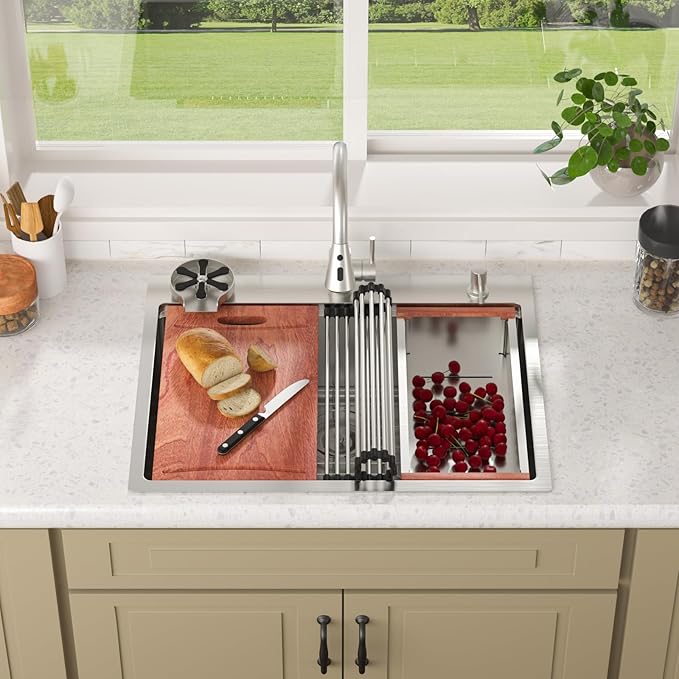 Lordear 28 Inch Drop In Kitchen Sink with Faucet 16 Gauge Stainless Steel Single Bowl 28x22x9 Topmount Kitchen Sink with Glass Rinser Workstation Sinks with Soap Dispenser
