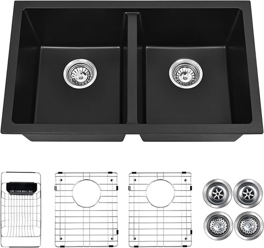 Davivy 30 Inch Black Double Bowl Granite Kitchen Sink 50/50, 30 x 18 Black Undermount Kitchen Sink, Deep Quartz Composite Double Basin with Accessories