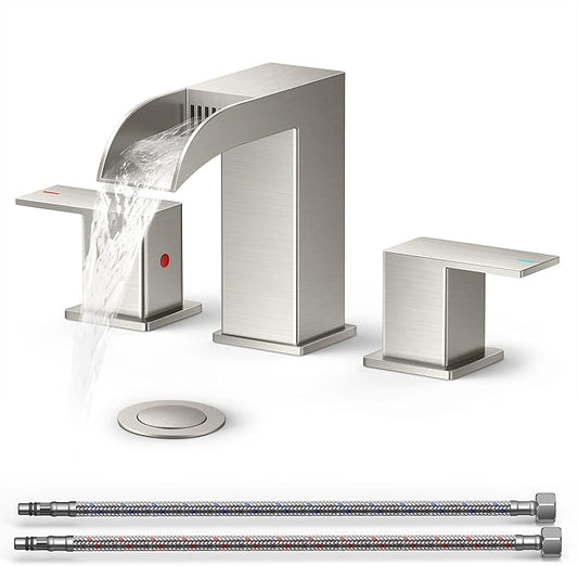 QFN Brushed Nickel Bathroom Faucet 3 Hole, 8 Inch Widespread Square Bathroom Sink Faucet with Metal Pop-up Drain and 24" CUPC Supply Line, Lead-Free 2 Handles for Vanity, Restroom, Lavatory and Mall
