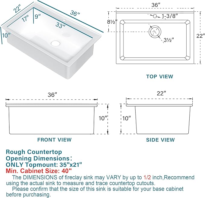 36x22 Drop In Kitchen Sink White 1 Hole, 36 Inch Topmount Fireclay Sink Drop In Single Bowl, Heavy Duty Large Capacity Deep Basin, with 2 Accessories, Pure White, for Kitchen
