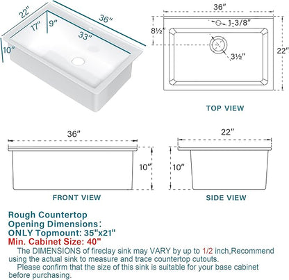 36x22 Drop In Kitchen Sink White 1 Hole, 36 Inch Topmount Fireclay Sink Drop In Single Bowl, Heavy Duty Large Capacity Deep Basin, with 2 Accessories, Pure White, for Kitchen