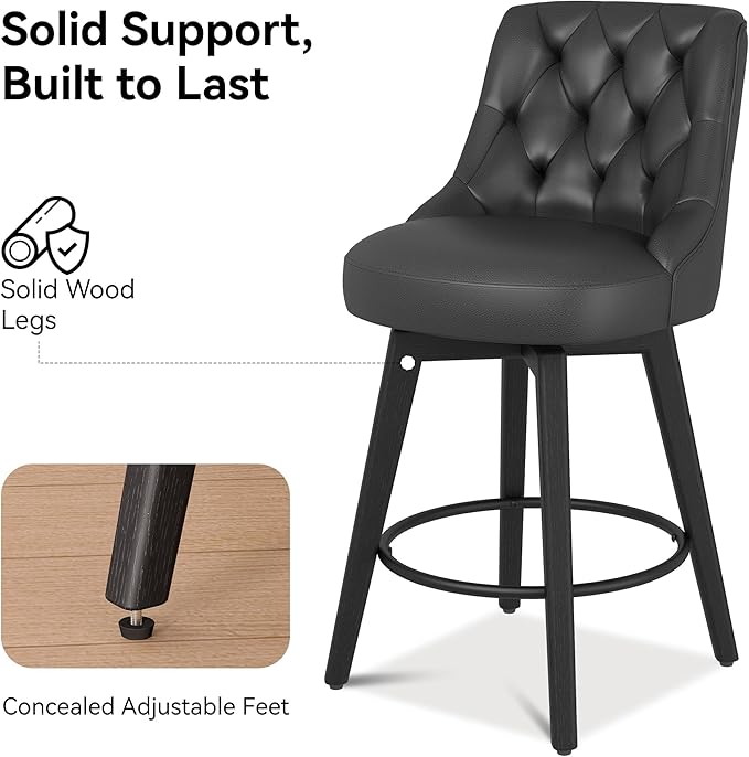 Vipbear Swivel Bar Stools Set of 2, Updated Thickened Faux Leather Counter Height Barstools with Backs, Solid Wood Legs, 26" Modern Bar Height Stools for Kitchen Island, Dining Room, Black Seat