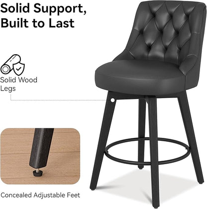 Vipbear Swivel Bar Stools Set of 2, Updated Thickened Faux Leather Counter Height Barstools with Backs, Solid Wood Legs, 26" Modern Bar Height Stools for Kitchen Island, Dining Room, Black Seat