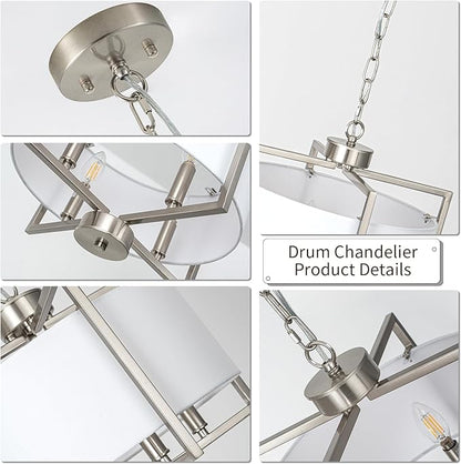19.7'' Drum Chandeliers for Dining Room, 4-Light Brushed Nickel Rustic Kitchen Island Pendant Lighting with Wihte Fabric Lampshade, Adjustable Hanging Light Fixture for Foyer Bedroom Living Room