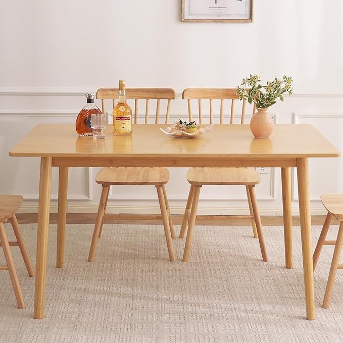 BAKEVE Bamboo Dining Table for 4-6-8 Person- 55'' Solid Wood Kitchen Table, Mid Century Modern Desk, Farmhouse Rectangular Dining Room Table for Living Room, Office, Kitchen and Study (Natural)