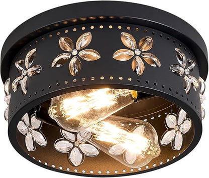 10.6 inch Black Flush Mount Ceiling Light Fixtures, 2-Light Ceiling Mount for Industrial, Crystal Light Fixtures for Farmhouse, Bedroom, Living Room, Kitchen, Hallway and Foyer (1 Pack)