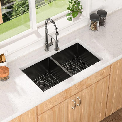 Lordear Double Bowl Black Kitchen Sink 16 Gauge Stainless Steel Undermount Kitchen Sinks Matte Gunmetal Black 50/50 Round Corner Sink 33x19x10 Inch