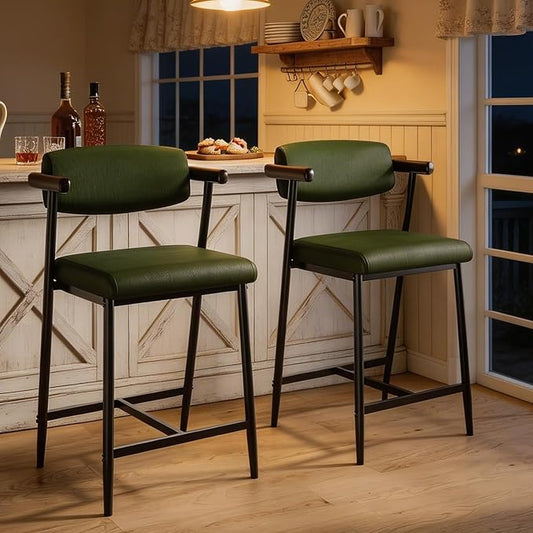 GarveeHome Counter Height Bar Stools Set of 2 with Armrests, 26" Upholstered 2pcs Tall Bar Stools Set, Long Backrest & Extra Thick Cushion, Modern High Barstools for Kitchen Island, Pub, Rustic Green