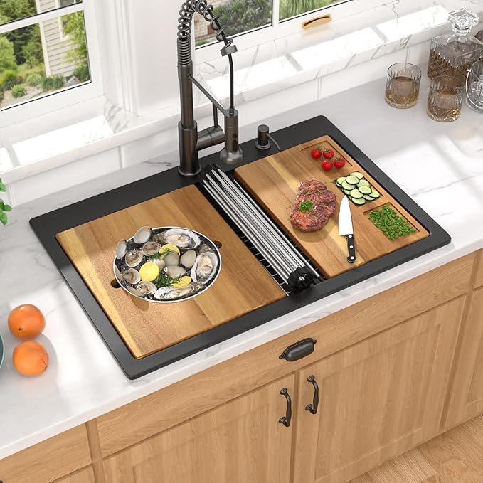 30 Inch Black Granite Composite Drop In Kitchen Sink, Single Bowl Classic Quartz-Based Workstation All-In One Sink with Mixing Bowl and Pasta Strainer, 2-Holes Configuration #TLGT-121