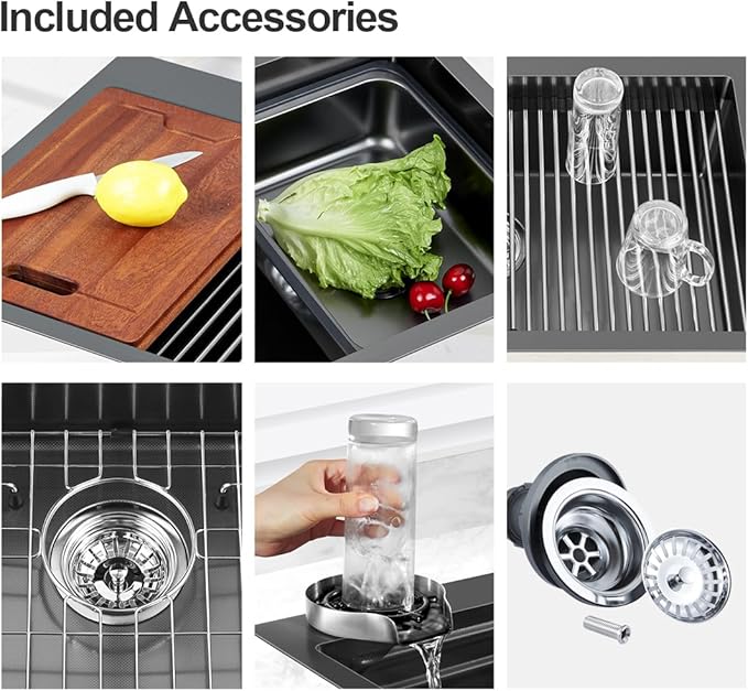 FRANIC 29" Handmade Black Bar Workstation Sink, 29" x 18" x 8" Stainless Steel Matte Nano Black Topmount Single Bowl Small Kitchen Outdoor Sink