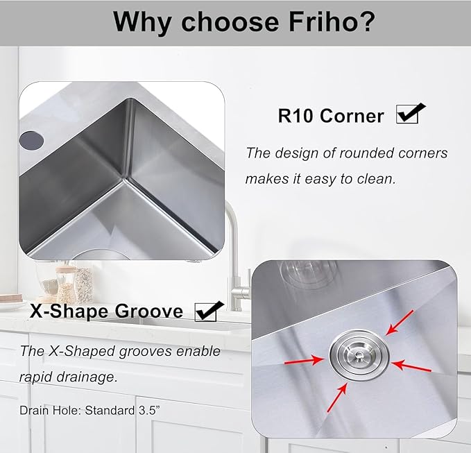 Friho 28 Inch Drop in Kitchen Sink, 28x18 Topmount Commercial Handmade 16 Gauge Single Bowl Stainless Steel Sink with Basket Strainer