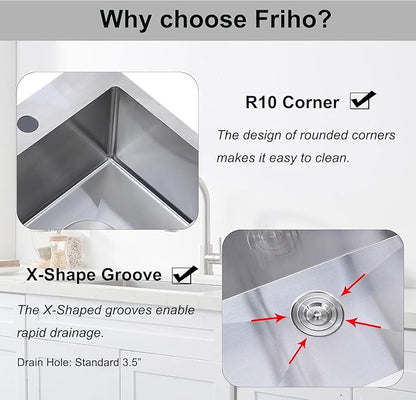 Friho 28 Inch Drop in Kitchen Sink, 28x18 Topmount Commercial Handmade 16 Gauge Single Bowl Stainless Steel Sink with Basket Strainer