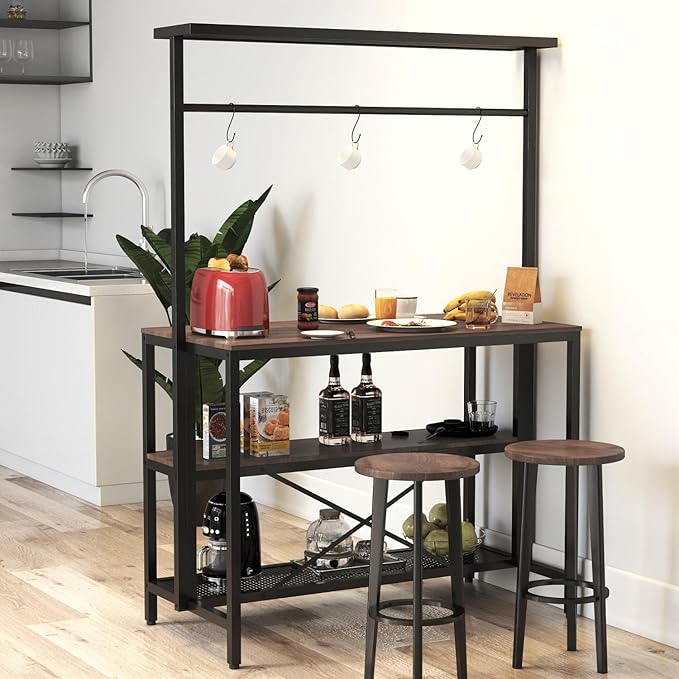 3-Tier Kitchen Island Table with Storage Shelves & Hooks - Walnut Finish
