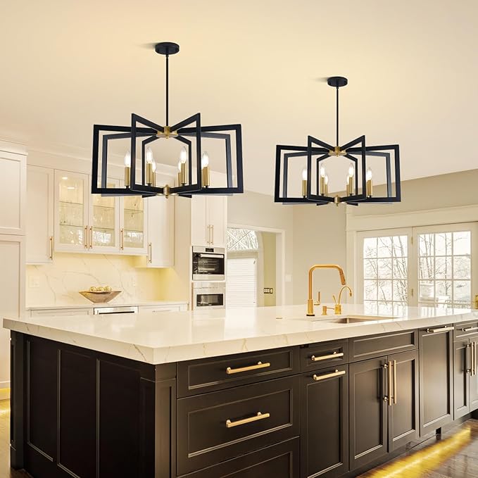 27.6" Modern Chandelier, 8-Light Geometric Dining Room Light Fixture Over Table, Farmhouse Kitchen Island Lighting, Industrial Black and Gold Hanging Pendant Lights for Foyer, Hallway, Entryway
