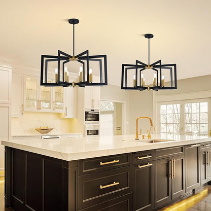 27.6" Modern Chandelier, 8-Light Geometric Dining Room Light Fixture Over Table, Farmhouse Kitchen Island Lighting, Industrial Black and Gold Hanging Pendant Lights for Foyer, Hallway, Entryway
