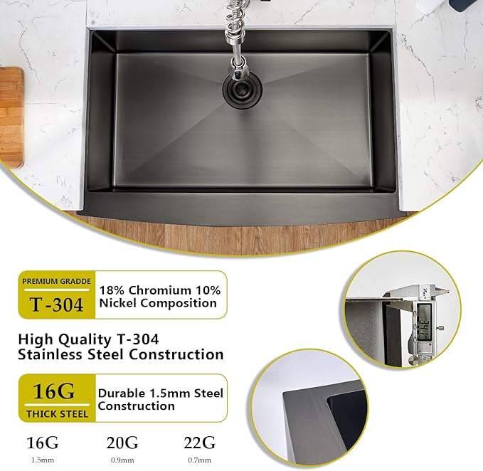SHACO 33 Inch Black Farmhouse Sink, 33x21 Gunmetal Black 16 Gauge Stainless Steel Apron Front Sink, 9 Inch Deep Single Bowl Kitchen Sink