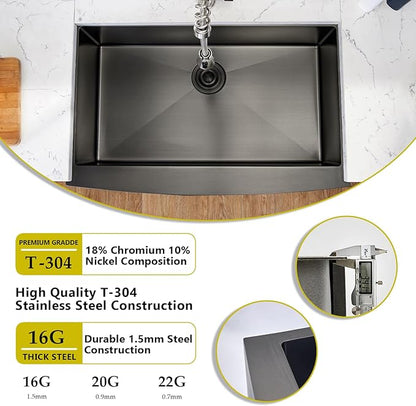 SHACO 33 Inch Black Farmhouse Sink, 33x21 Gunmetal Black 16 Gauge Stainless Steel Apron Front Sink, 9 Inch Deep Single Bowl Kitchen Sink