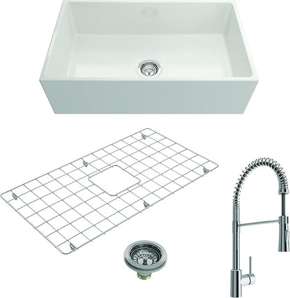 BOCCHI Contempo Apron Front Fireclay 33 in. Single Bowl Kitchen Sink in White with Chrome Faucet