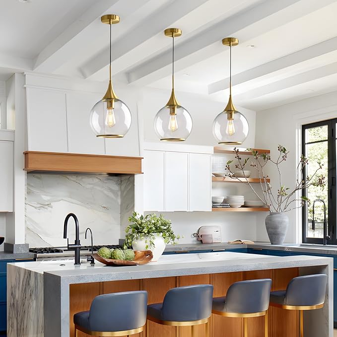 Pendant Lights Kitchen Island: Brushed Gold Light Fixture Farmhouse with Clear Glass - 10 Inch Mid Century Globe Kitchen Lighting Fixtures Ceiling for Dining Room