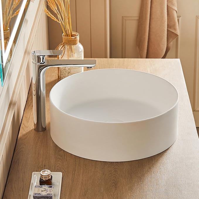 Cpingao 17.7 Inch Round Bathroom Vessel Sink, Above Counter Circle Matte Stone Countertop Modern Sink Art Basin for Lavatory Vanity Cabinet