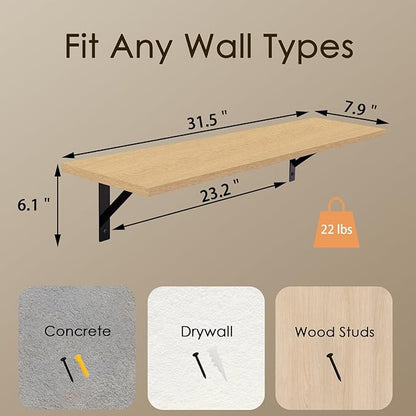 DINZI LVJ Long Wall Shelves, 31.5 Inch Wall Mounted Shelves Set of 2, Easy-to-Install, Wall Storage Ledges with Sturdy Metal Brackets for Living Room, Bathroom, Bedroom, Kitchen, Natural