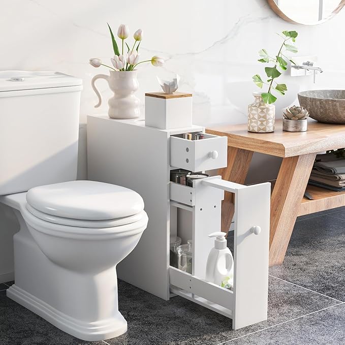 Nightcore Narrow Bathroom Storage Cabinet, Multi-Functional Storage Organizer with Drawers, Double Door, Shelves & Toilet Paper Holder, Space-Saving Storage Cabinet for Toilet, Kitchen,(White)